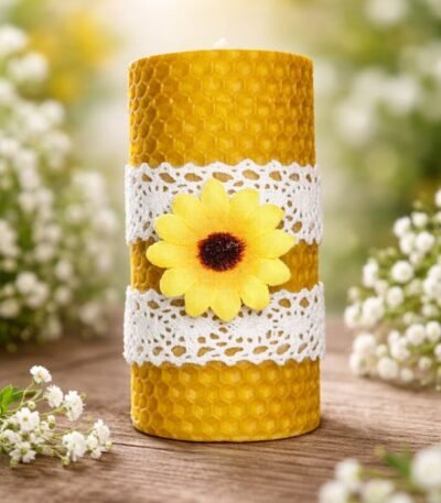 Χειροποίητο Κερί από Γνήσια Κηρήθρα με Διακόσμηση Λουλουδιού