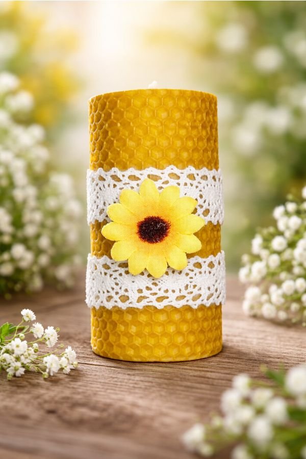 Χειροποίητο Κερί από Γνήσια Κηρήθρα με Διακόσμηση Λουλουδιού