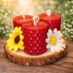 Σετ χειροποίητων κόκκινων κεριών από γνήσια κηρήθρα με διακόσμηση λουλουδιών