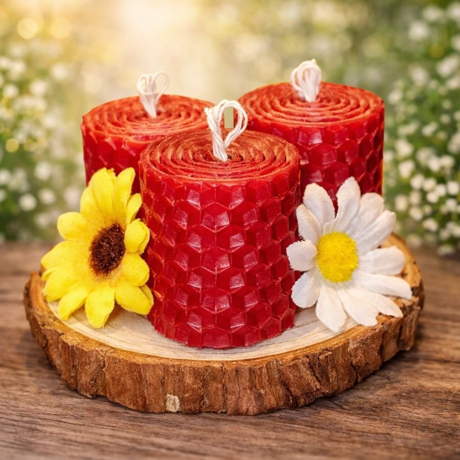 Σετ χειροποίητων κόκκινων κεριών από γνήσια κηρήθρα με διακόσμηση λουλουδιών