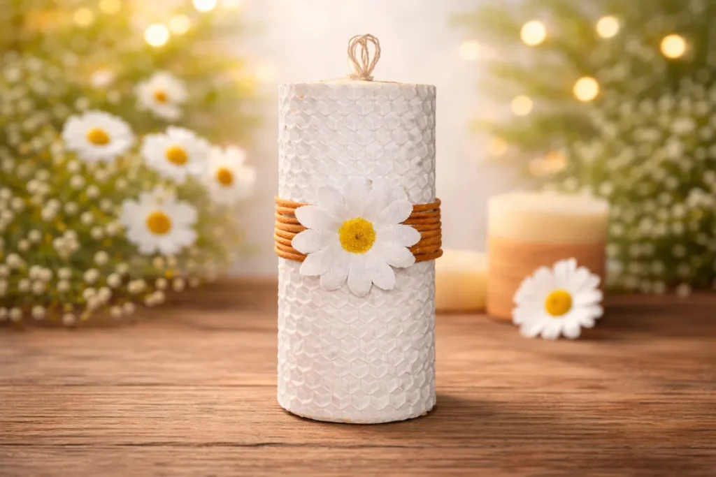 Χειροποίητο λευκό κερί από γνήσια κηρήθρα με διακόσμηση λουλουδιού