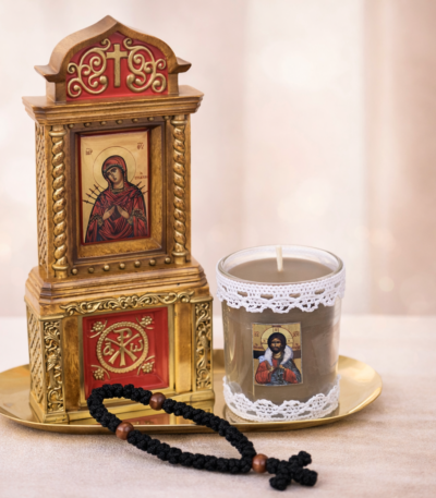 Σετ δώρου προσκυνητάρι, κομποσχοίνι και χρυσό μεταλλικό δισκάκι