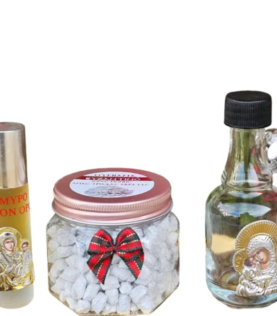 Σετ μπουκαλάκι αγιασμού, μύρο και 60γρ. θυμίαμα