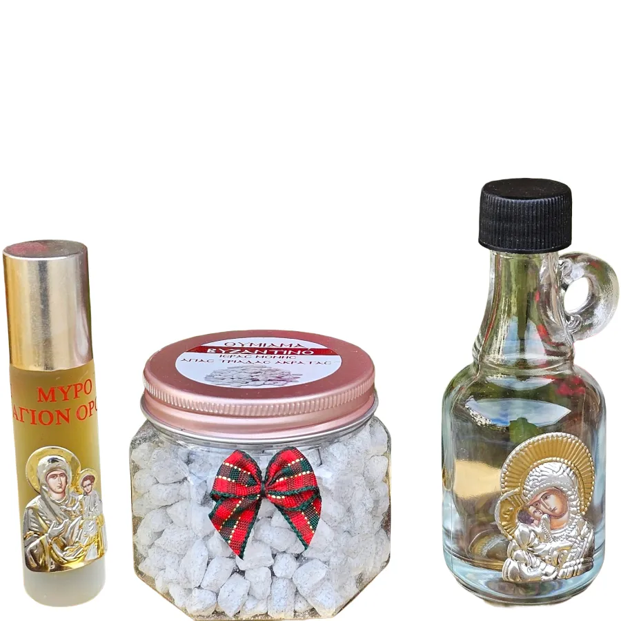 Σετ μπουκαλάκι αγιασμού, μύρο και 60γρ. θυμίαμα