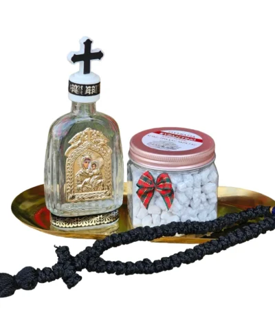 Σετ με μπουκαλάκι αγιασμού, 60γρ. θυμίαμα και κομποσχοίνι 50 κόμπων