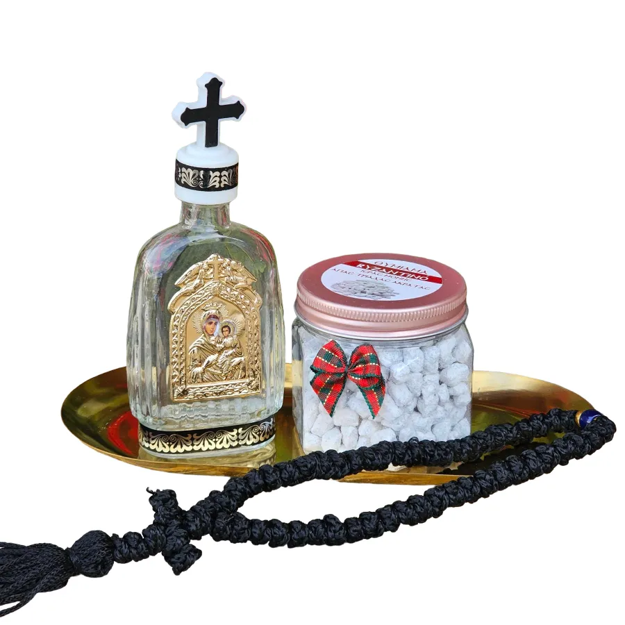 Σετ με μπουκαλάκι αγιασμού, 60γρ. θυμίαμα και κομποσχοίνι 50 κόμπων