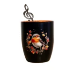 Κεραμική Κούπα με σχέδιο πουλάκι και μουσικά κουταλάκια