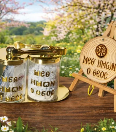 Θήκη για λιβάνι και καρβουνάκια σε μεταλλικό δισκάκι και ξυλαράκι “Μεθ’ ἡμῶν ὁ Θεὸς”