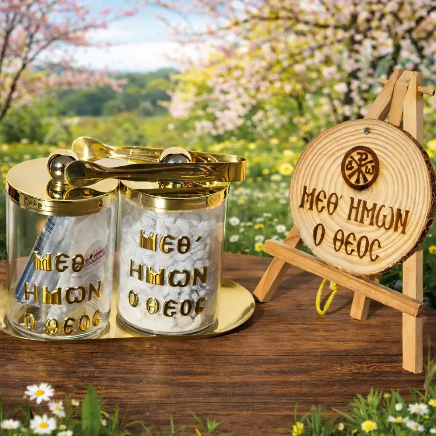 Θήκη για λιβάνι και καρβουνάκια σε μεταλλικό δισκάκι και ξυλαράκι “Μεθ’ ἡμῶν ὁ Θεὸς”