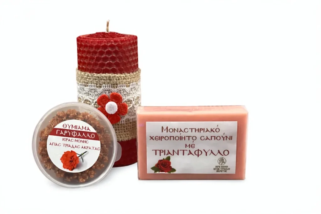 Σετ σαπούνι τριαντάφυλλο, πάστα θυμιάματος γαρύφαλλο και κόκκινο κερί