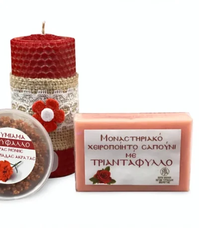 Σετ σαπούνι τριαντάφυλλο, πάστα θυμιάματος γαρύφαλλο και κόκκινο κερί