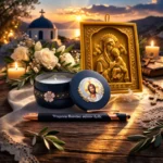 Σετ κέρινη εικόνα Παναγίας, στυλό και κερί σε μεταλλικό κουτί