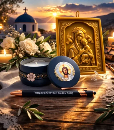 Σετ κέρινη εικόνα Παναγίας, στυλό και κερί σε μεταλλικό κουτί