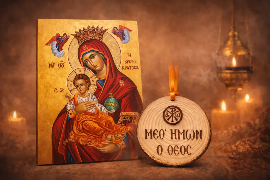 Εικόνα Παναγία η Βρεφοκρατούσα και Ξυλαράκι “Μεθ’ ἡμῶν ὁ Θεὸς”