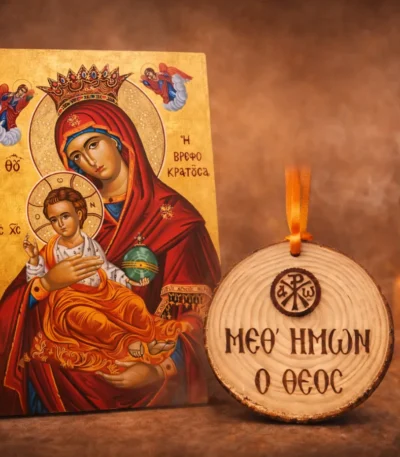 Εικόνα Παναγία η Βρεφοκρατούσα και Ξυλαράκι “Μεθ’ ἡμῶν ὁ Θεὸς”